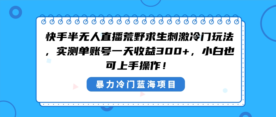 快手半无人直播荒野求生刺激冷门玩法，实测单账号一天收益300+，小白也…-云网创资源站