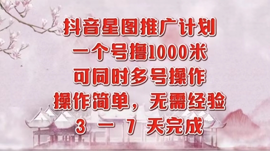 抖音星图推广项目，3-7天就能完成，每单1k，可多号一起做-云网创资源站