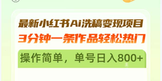 最新小红书Ai洗稿变现项目 3分钟一条作品轻松热门 操作简单，单号日入800+-云网创资源站